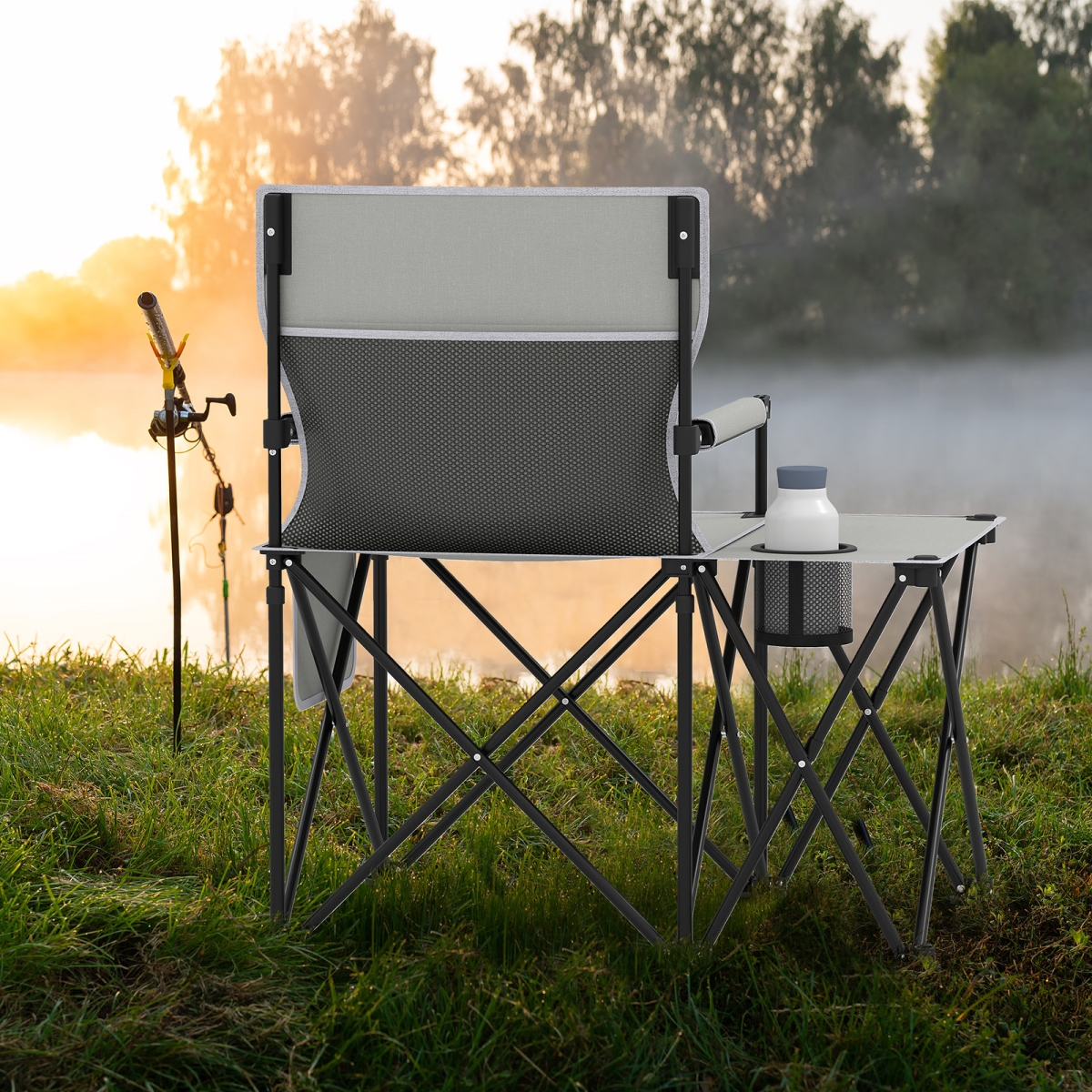 NP12552GR-1 Oversized Camping Chair with Side Table & 2 Storage Pockets - Gray