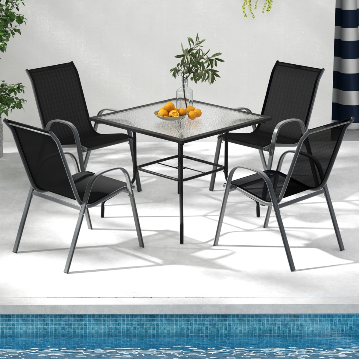 NP12997DK-2 Stackable Patio Dining Chairs Set with Armrest - Black - Set of 2