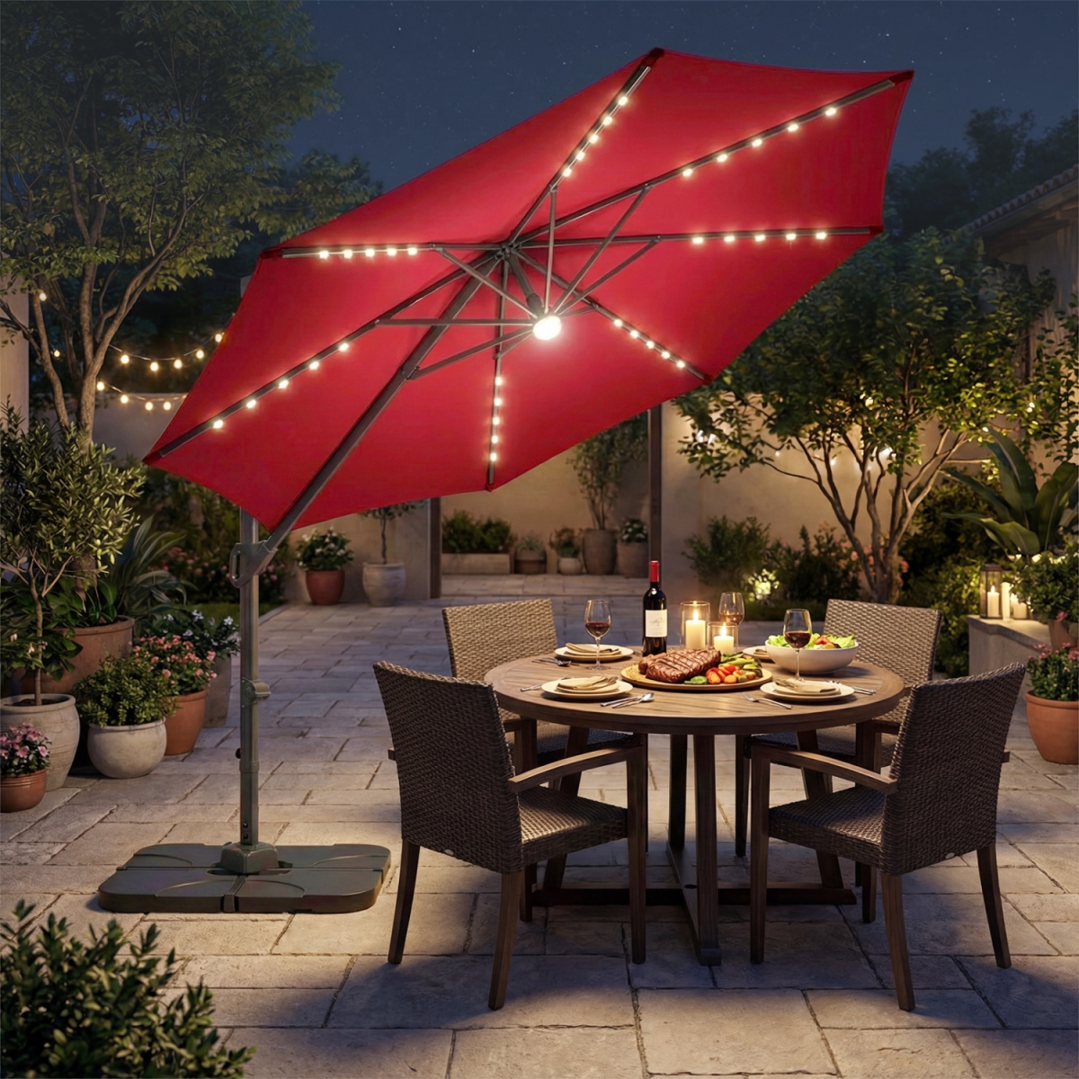 NP13283WN-NP12183 10 ft. Cantilever Patio Umbrella with 35 Solar LED Lights & 220 lbs Base - Red