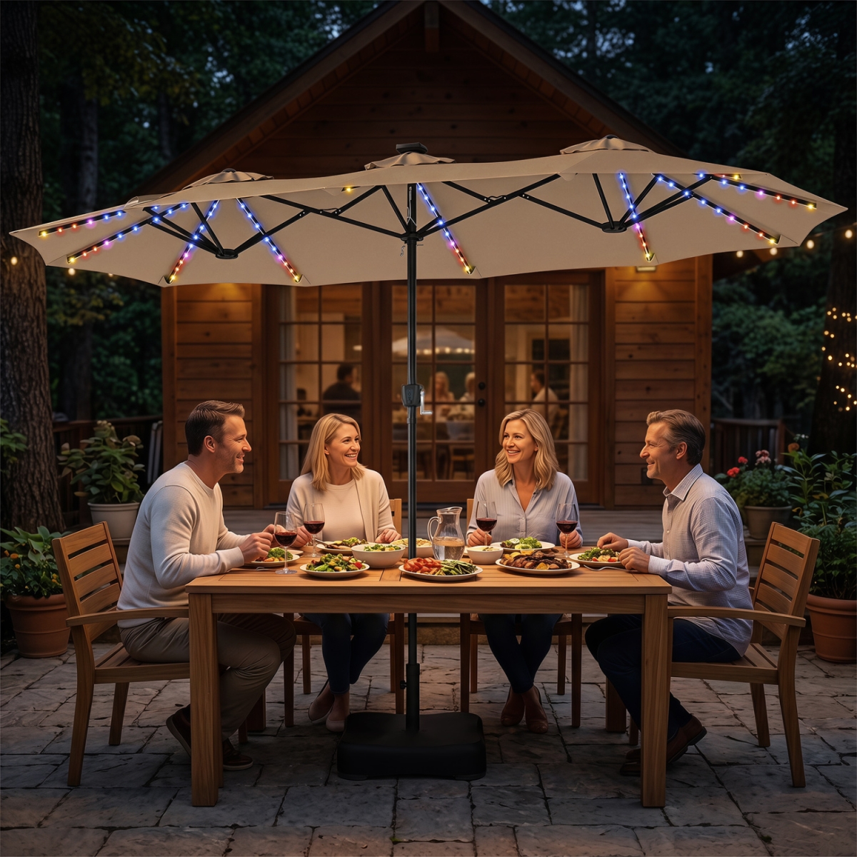 NP13666CF 13 ft. Double-Sided Patio Umbrella with 108 LED Lights & Base Included - Tan