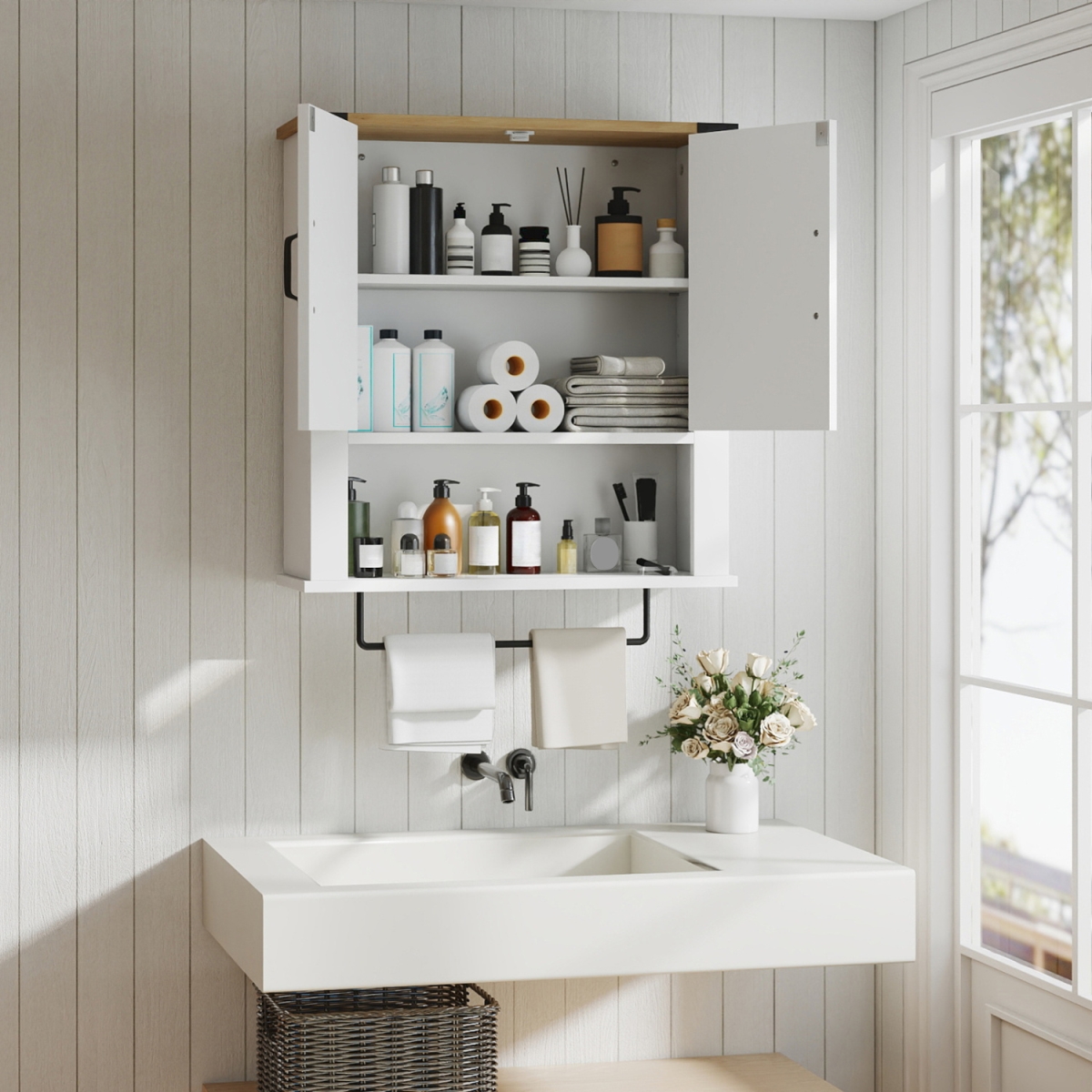 JV12619WH Bathroom Wall Cabinet with Towel Bar Farmhouse Medicine Cabinet - White