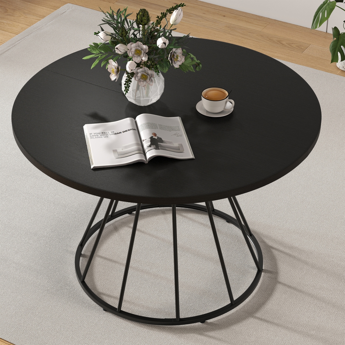 JV12781BK 47 in. Round Dining Table for 4 Farmhouse Kitchen Table with Wooden Tabletop - Black