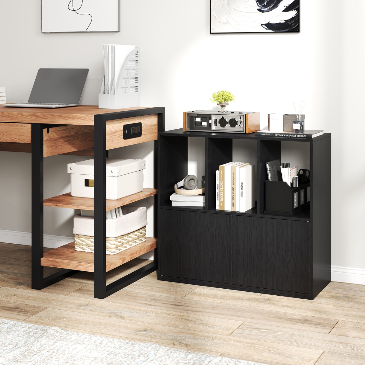 JV12924DK 3-Cube Bookcase with Doors 3-Tier Cubic Bookshelf with Open Compartments & Cabinet - Black