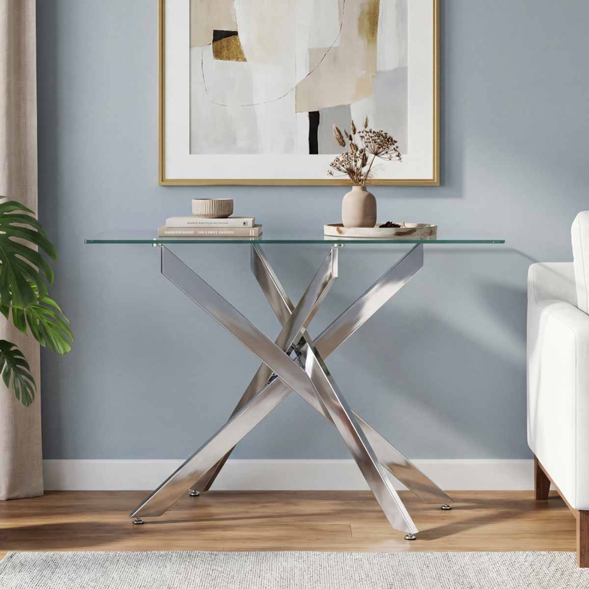 JV13026SL Glass Console Table Modern Entryway Table with Clear Tempered Glass Top - Silver