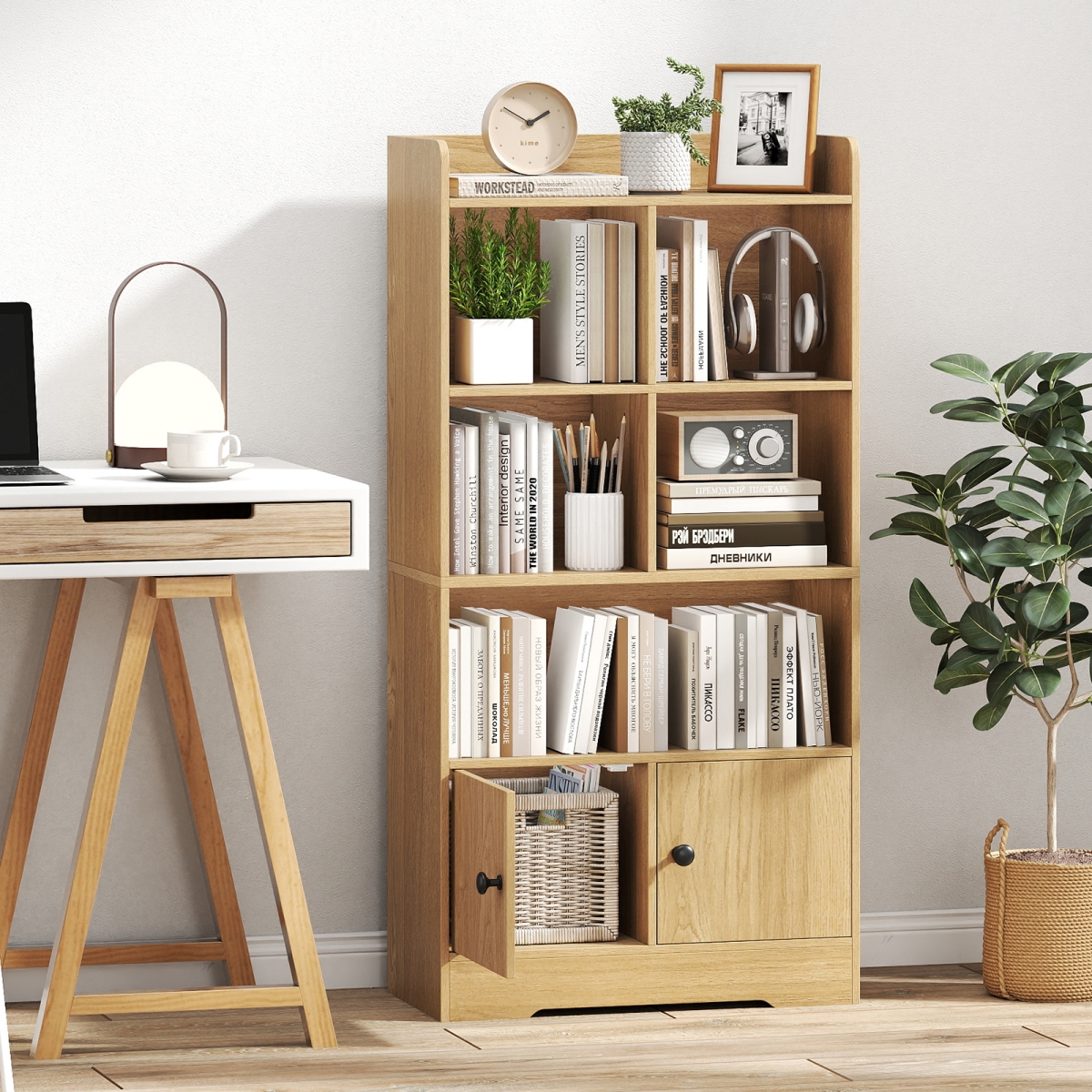 JV13279NA 4 Tiers Bookshelf with 4 Cubes Display Shelf & 2 Doors - Natural