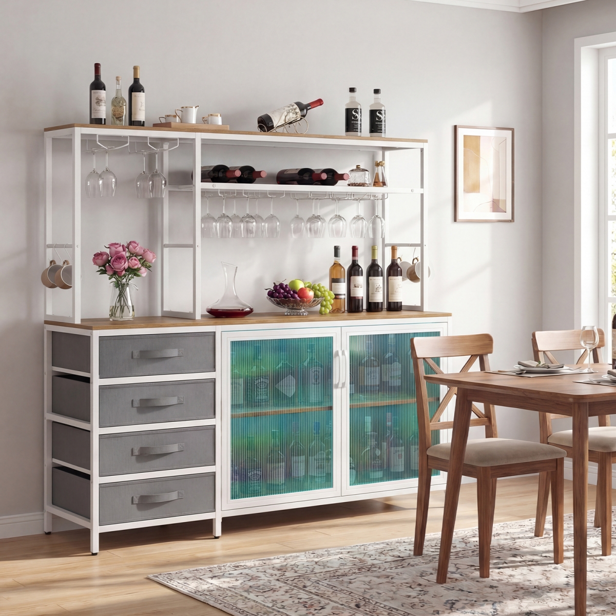 JV13542US-NA Sideboard Buffet Cabinet with LED Lights 55 in. Coffee Table with Power Outlets - Natural