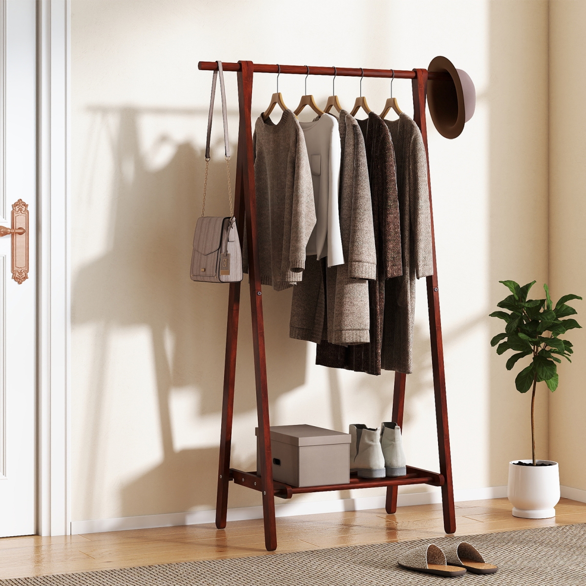 JV13590BN Folding Rubber Wood Clothes Hanging Rack Standing Garment Rack with Bottom Storage Shelf - Walnut