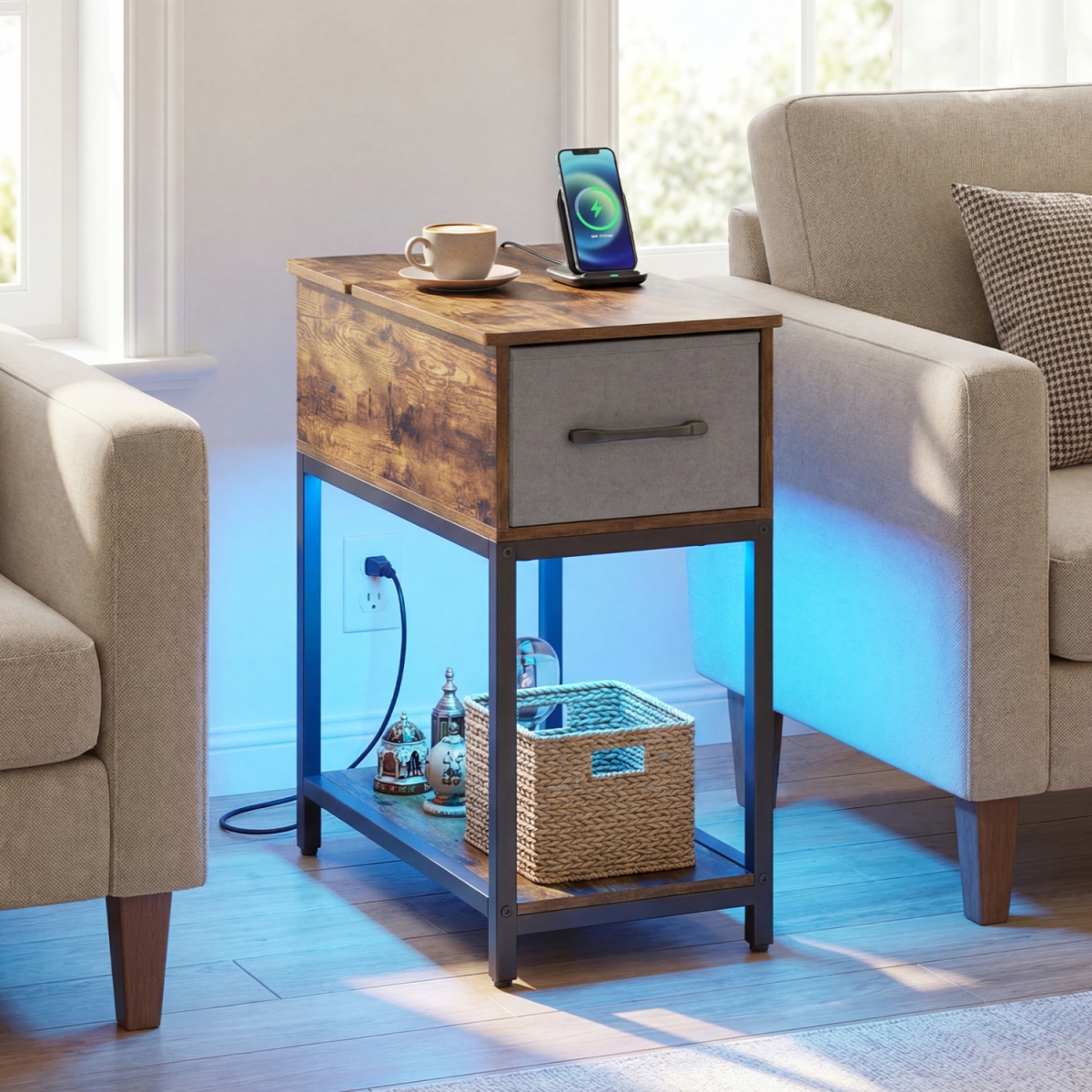 JV13639US-CF Narrow Side Table with Charging Station & LED Lights Industrial End Table - Brown