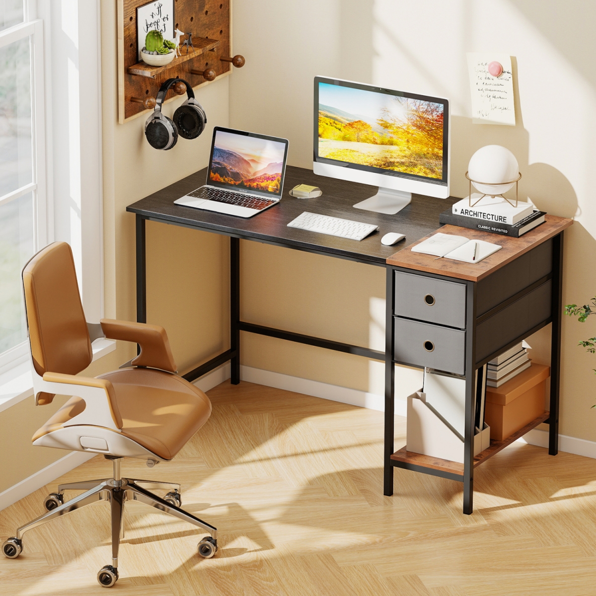 JV13685DK 48 in. Computer Desk with 2 Fabric Drawers Industrial Home Office Desk - Black