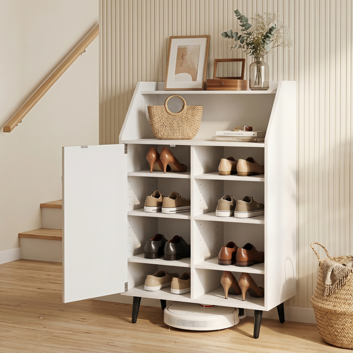 JV13712WH Shoe Storage Cabinet with 2-Tier Open Compartment & 4-Tier Adjustable Shelf - White