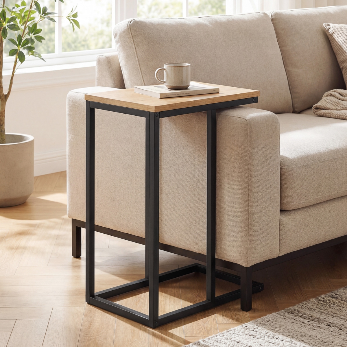 JV13791OK C-Shaped End Table Small Side Table with Sturdy Metal Frame - Natural