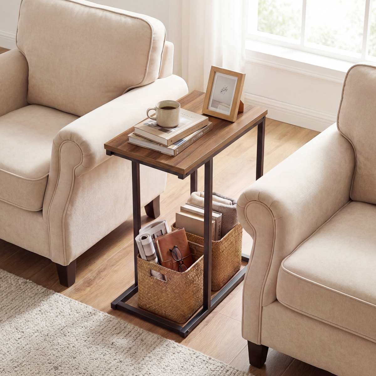 JV13791WN C-Shaped End Table Small Side Table with Sturdy Metal Frame - Walnut