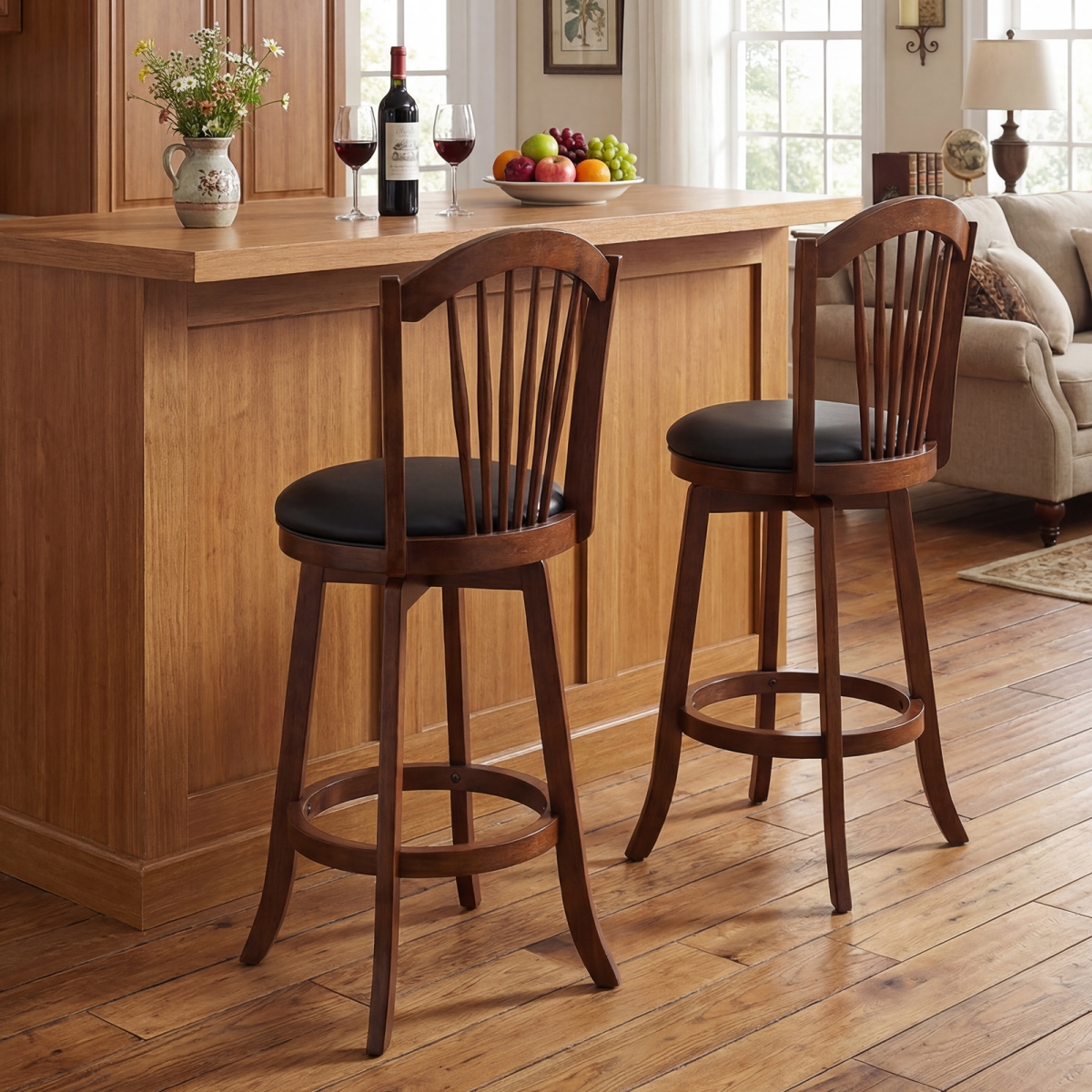 JV13817ES-29 Swivel Bar Stools with Backrests & Wood Frame for Kitchen Island - Expresso & Black - 29 in.