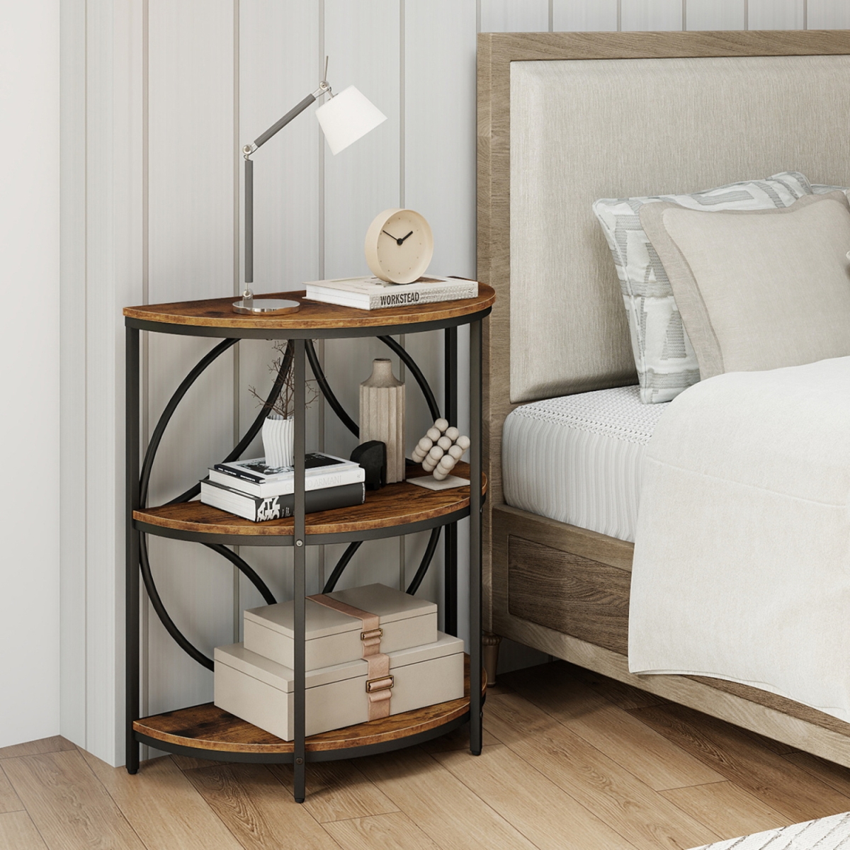 JV13931CF-1 3-Tier Half Round End Table with Study Metal Frame for Living Room - Rustic Brown