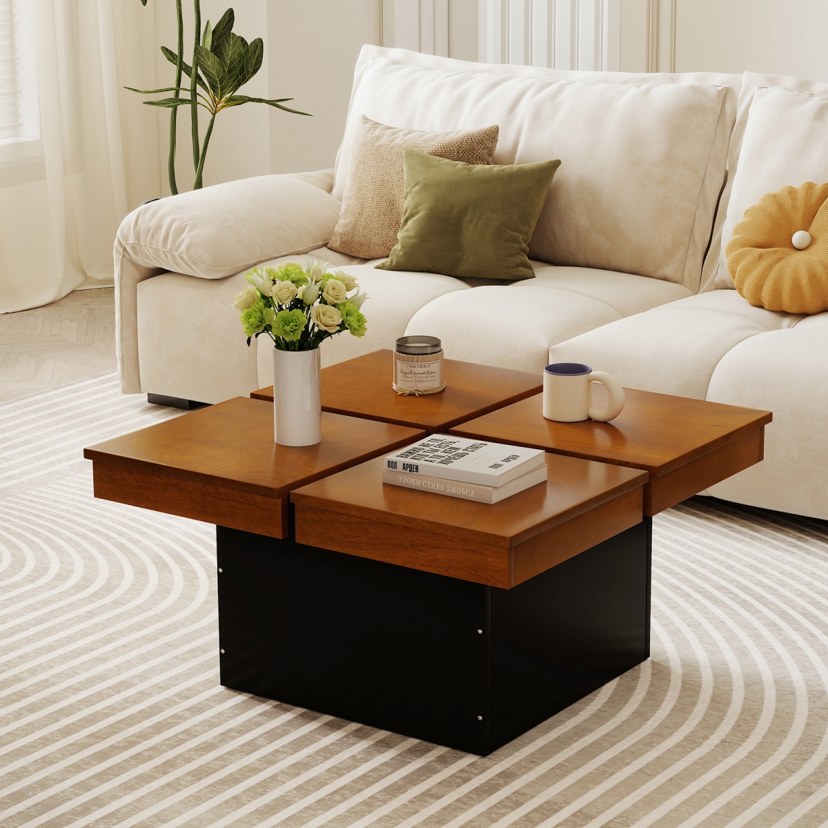JV13961WN Square Coffee Table Mid Century Modern Center Table - Walnut
