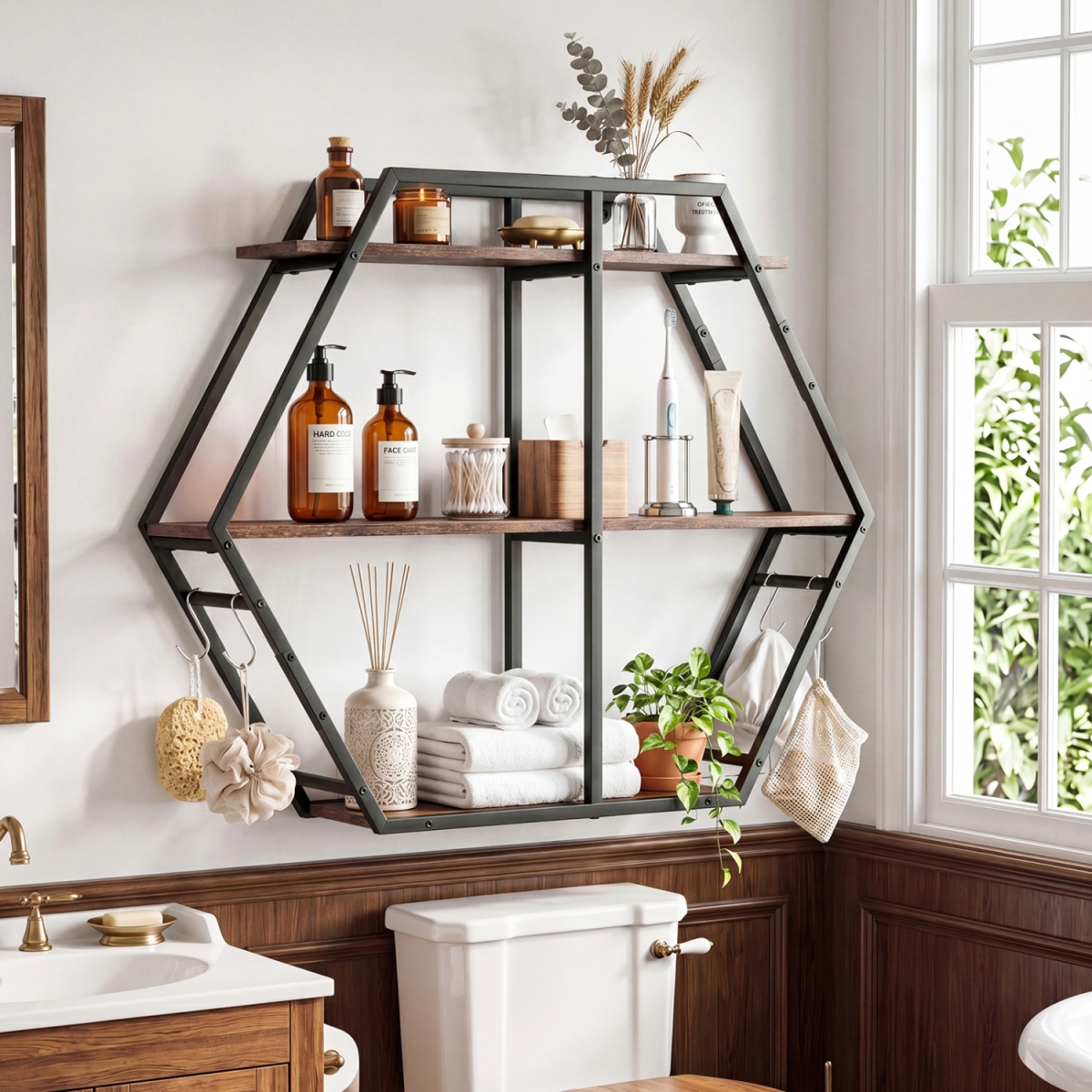 JV13969CF 3-Tier Geometric Bookcase with S-Shaped Hooks for Living Room - Rustic Brown