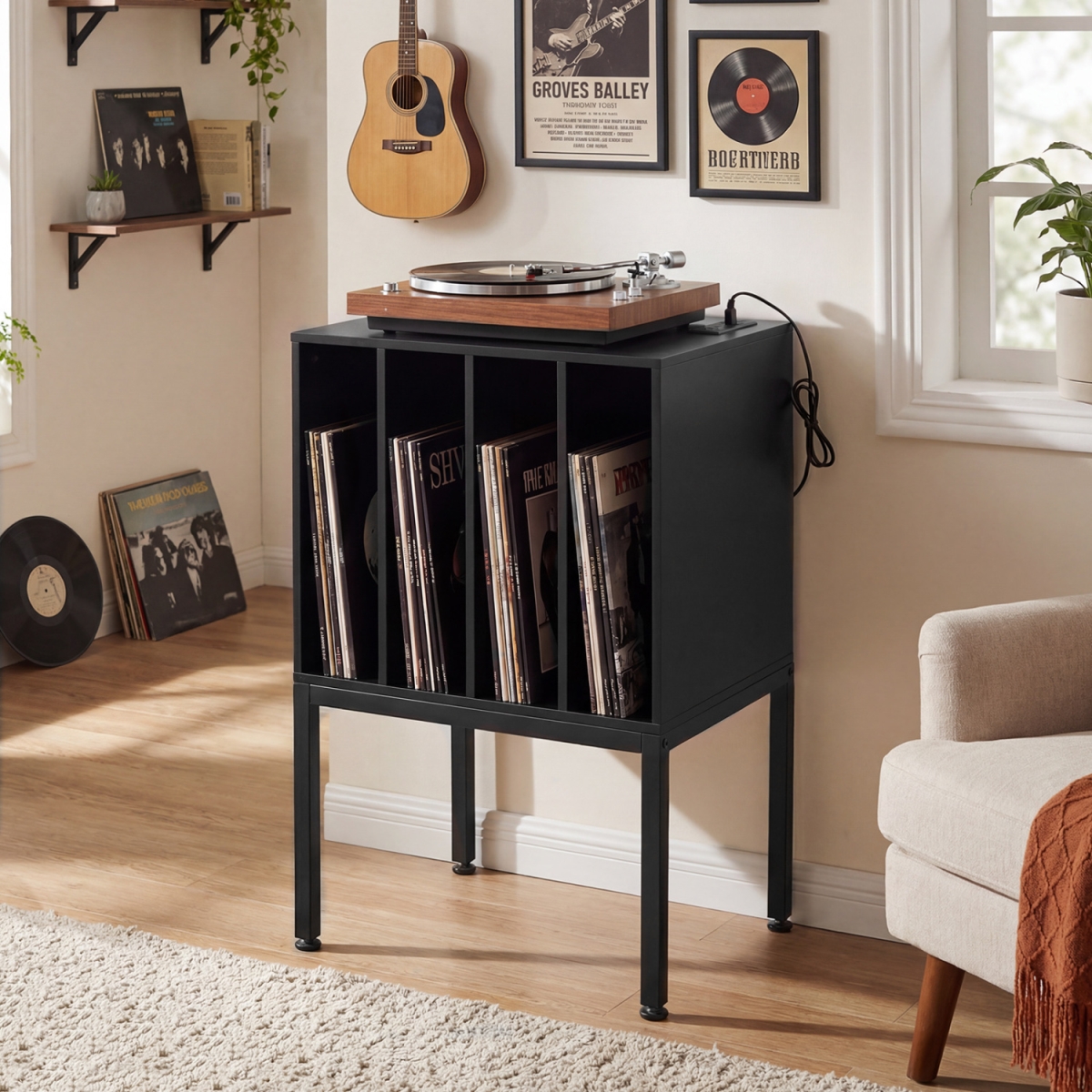 JV13995DK Turntable Record Player Stand with Power Outlets - Black