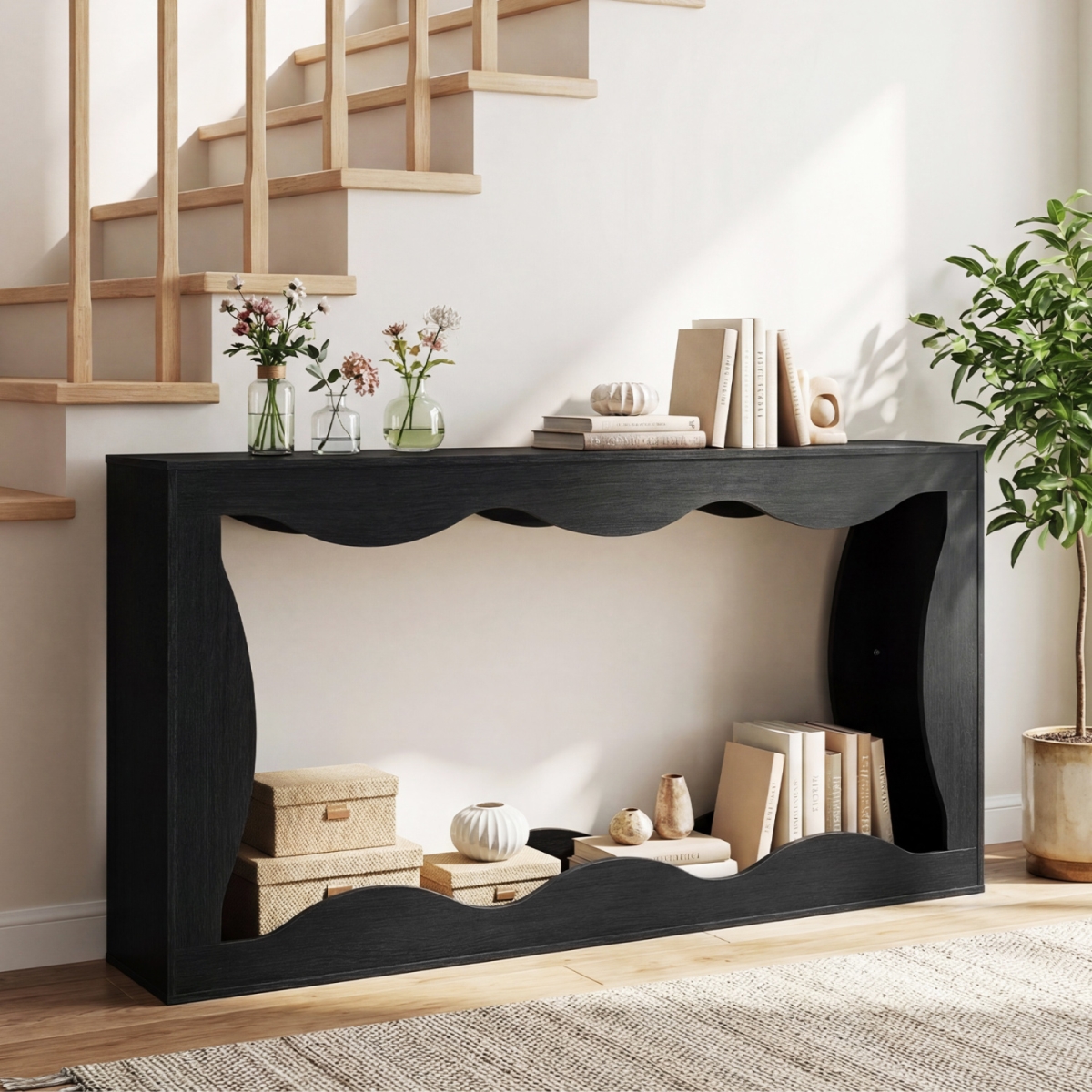 JV14084DK 63 in. Console Table 2-Tier Narrow Entryway Table with Wavy Edge Storage Shelf - Black
