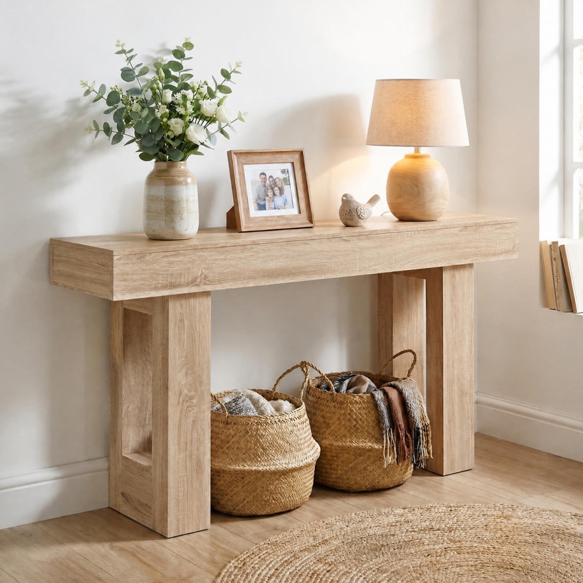 JV14085NA 63 in. Long Console Table Farmhouse Entryway Table with Storage - Natural