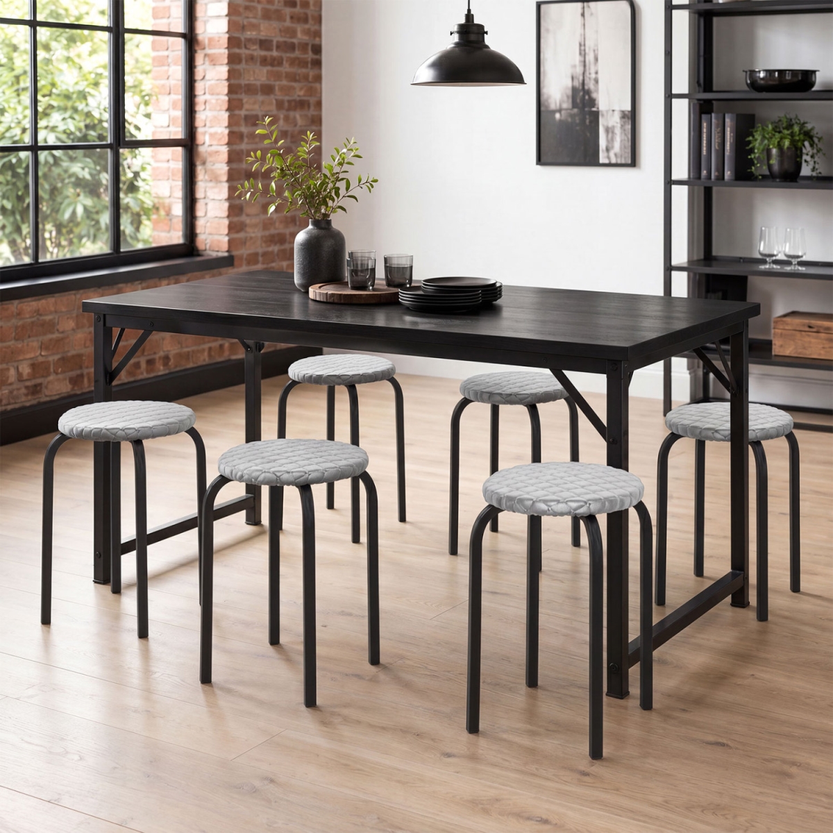 JV14140CF-6 18 in. Round Stackable Stools with Gray Removable Washable Covers - Rustic Brown & Black - Set of 6