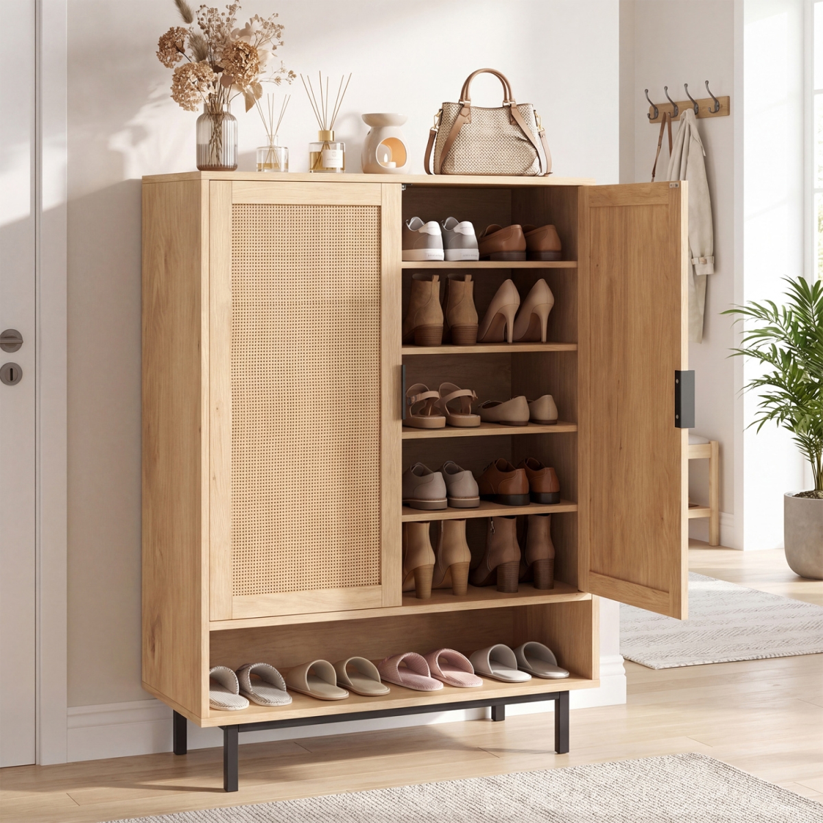 JV14165NA 43 in. 6-Tier Tall Shoe Cabinet with Double Doors - Natural