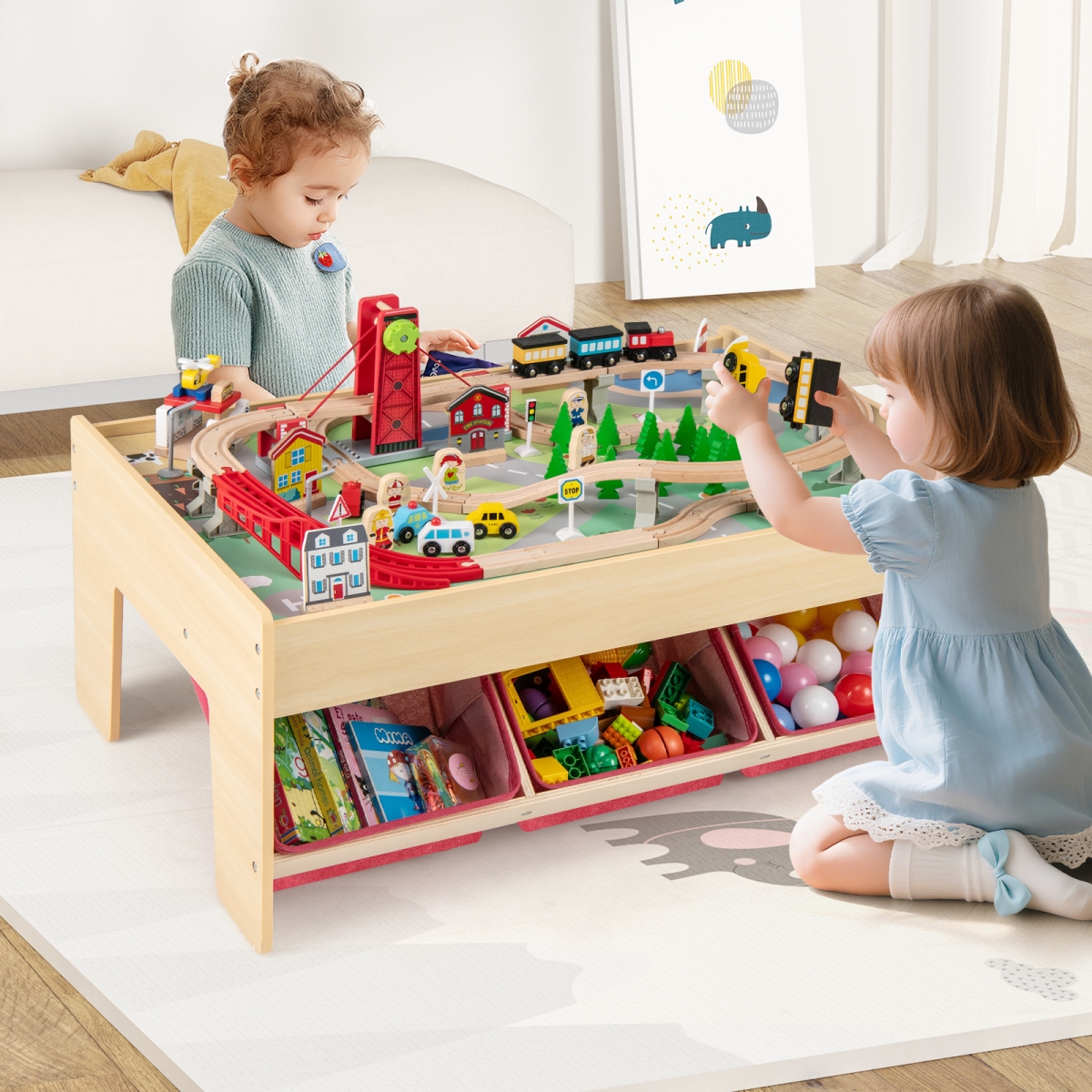 TM10163RD Wooden Train Set Table Kids Multipurpose Activity Play Table with 2 Reversible Tabletops - Red