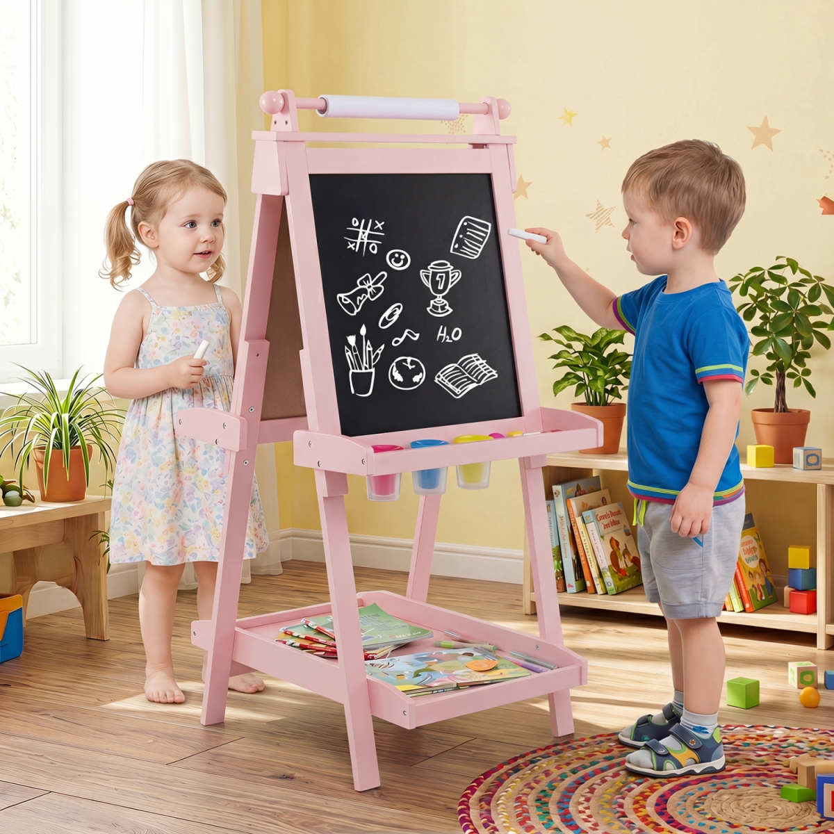 TP10303CL 3-in-1 Double-Sided Art Easel with Chalkboard & Magnetic Whiteboard - Pink