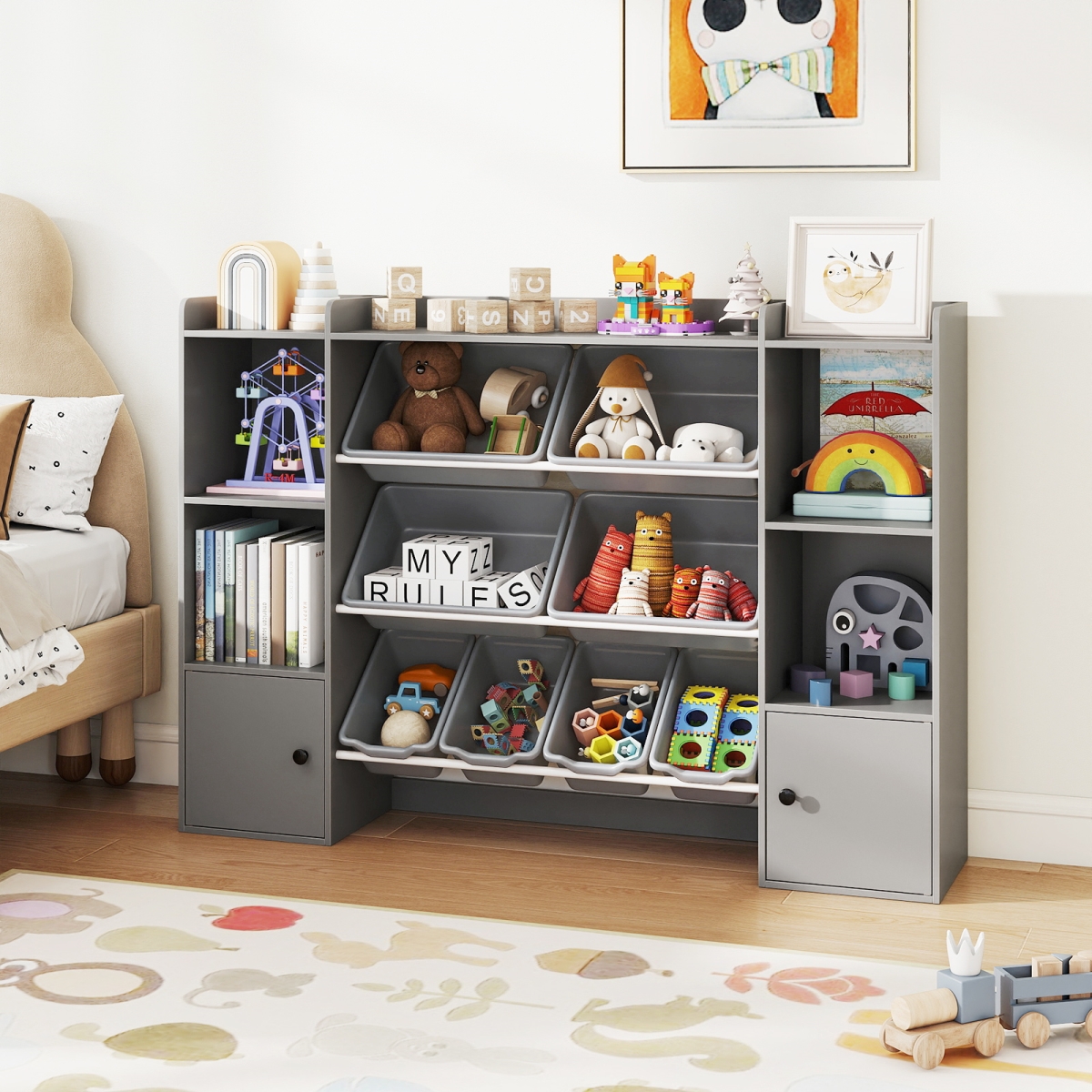 TP10465GR Kids Toy Storage & Bookshelf with Boxes & Open Shelves - Gray
