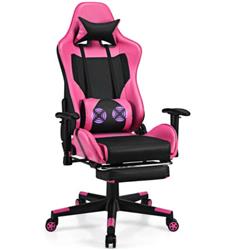 HW66628PI PU Leather Gaming Chair with USB Massage Lumbar Pillow & Footrest, Pink