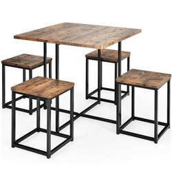 HW66632CF Metal Frame Dining Set with Compact Dining Table & 4 Stools, Walnut - 5 Piece