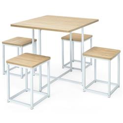 HW66632NA Metal Frame Dining Set with Compact Dining Table & 4 Stools, Natural - 5 Piece
