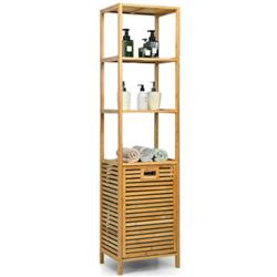 HW66866NA Bamboo Tower Hamper Organizer with 3-Tier Storage Shelves, Natural
