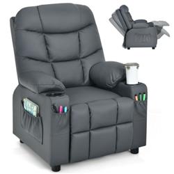 HW66955GR PU Leather Kids Recliner Chair with Cup Holders & Side Pockets, Gray