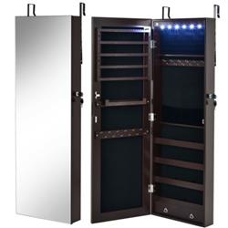 Picture of Total Tactic HW67236CF Wall Mounted Full Screen Mirror Jewelry Cabinet Armoire wirth 6 LEDs&#44; Brown