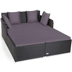 HW67329GR Outdoor Patio Rattan Daybed Thick Pillows Cushioned Sofa Furniture, Gray