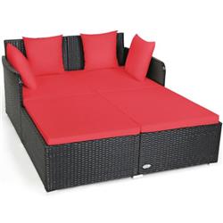 HW67329RE Outdoor Patio Rattan Daybed Thick Pillows Cushioned Sofa Furniture, Red