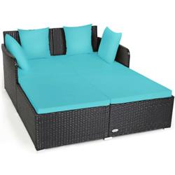 HW67329TU Outdoor Patio Rattan Daybed Thick Pillows Cushioned Sofa Furniture, Turquoise