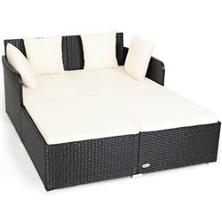 HW67329WH Outdoor Patio Rattan Daybed Thick Pillows Cushioned Sofa Furniture, White