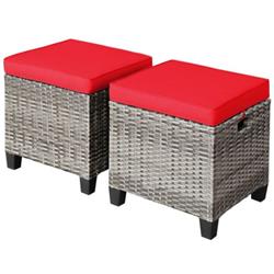 HW67568RE Patio Rattan Wicker Ottoman Seat with Removable Cushions, Red - 2 Piece