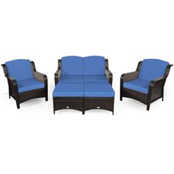HW67702ANYPlus Patio Rattan Sofa Set with Cushion & Ottoman, Navy - 5 Piece