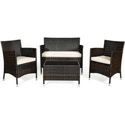 HW67772BN Rattan Outdoor Patio Conversation Furniture Set with Glass Table & Comfortable Wicker Sectional Sofa, Khaki - 4 Piece -  Total Tactic