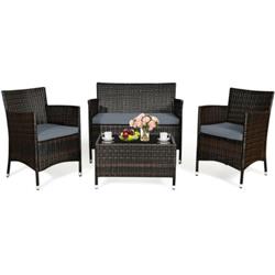 HW67772GR Rattan Outdoor Patio Conversation Furniture Set with Glass Table & Comfortable Wicker Sectional Sofa, Gray - 4 Piece -  Total Tactic