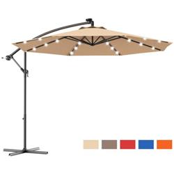 OP70754BE 10 ft. Patio Hanging Solar LED Umbrella Sun Shade with Cross Base, Beige