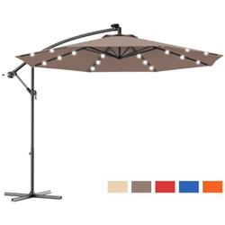 OP70754CF 10 ft. Patio Hanging Solar LED Umbrella Sun Shade with Cross Base, Tan