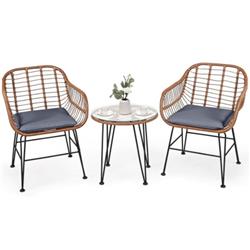 OP70837GR Patio Rattan Bistro Set with Cushion, Gray - 3 Piece
