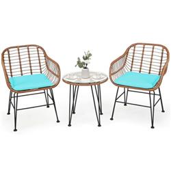 OP70837TU Patio Rattan Bistro Set with Cushion, Turquoise - 3 Piece