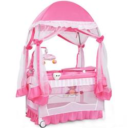 Portable Baby Playpen Crib - Pink - Includes Carry Bag - Mosquito Net