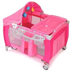 BB0491PI Foldable Baby Crib Playpen with Mosquito Net & Bag, Pink