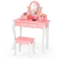Picture of Total Tactic HW68463PI Kids Vanity Princess Makeup Dressing Table Stool Set with Mirror & Drawer&#44; Pink