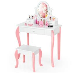 Picture of Total Tactic HW68463WH Kids Vanity Princess Makeup Dressing Table Stool Set with Mirror & Drawer&#44; White